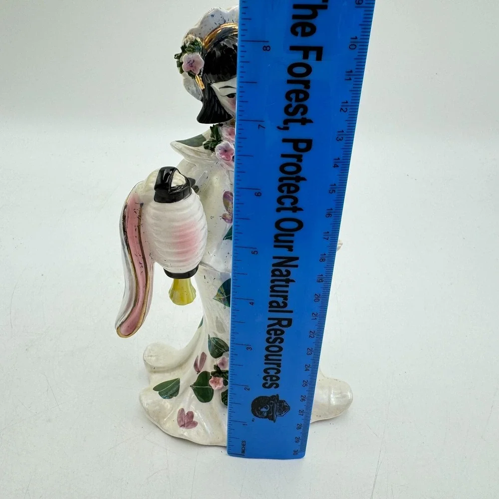Vintage 1955 Signed Geo Z. Lefton Porcelain East Asian Dancer Lantern Pink Green